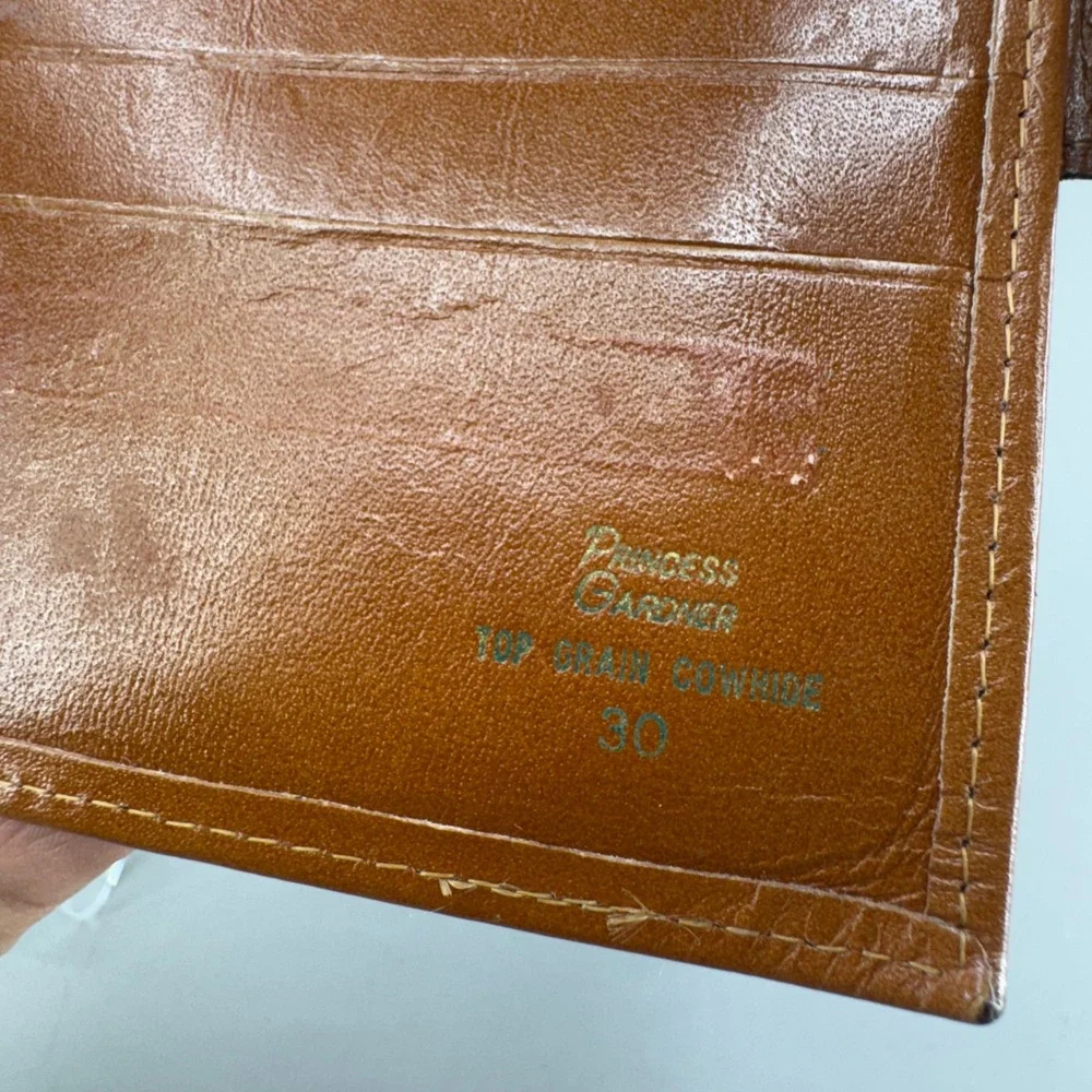 Princess Gardner Bifold Wallet Tan Leather Vintage Woven Kiss Lock